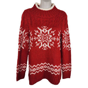 Talbots Petites Womens Snowflake Fair Isle Turtleneck Sweater Size P Red Wool